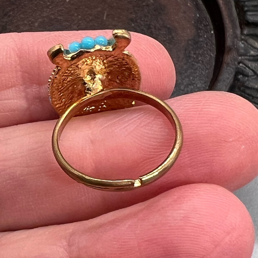 Whimsical Gold and Blue Owl Ring adjustable Size - Picture 4 of 6